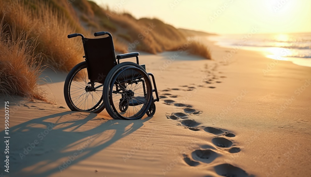Fototapeta premium Empty wheelchair sits on sandy beach with footprints trailing away toward ocean waves, sunset. Scene evokes themes of isolation, mobility challenges, resilience. Accessibility is key consideration.