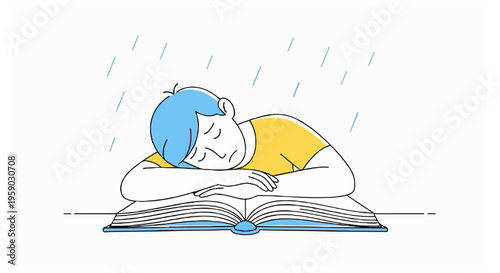 Boy with blue hair sleeps on an open book while rain falls behind him.