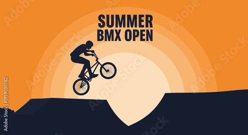 BMX Summer Event Announcement: Dynamic Silhouette of Rider Performing Stunt against Sunset