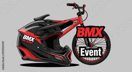 Bold BMX Event Graphics Depicting Helmet and Bike with Dynamic Visual Appeal