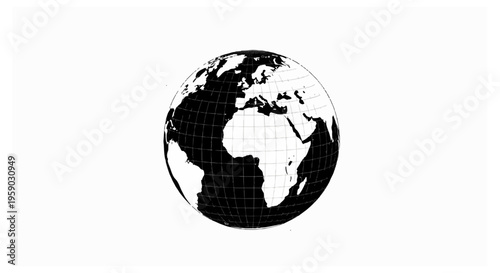 A black and white globe of Earth is surrounded by a dotted sphere.