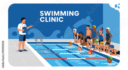 Children's Swimming Clinic With Instructor Demonstrating Skills Poolside