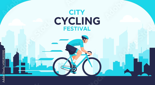 City Cycling Festival Illustration Depicting a Cyclist Against a Skyline Backdrop