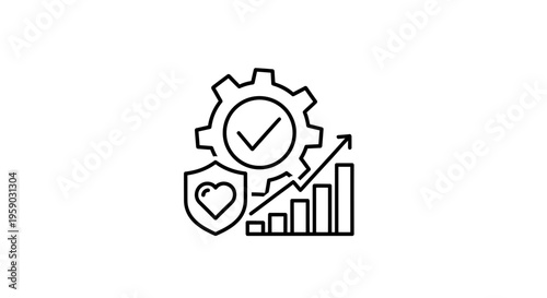 Business Growth and Security: Gear, Shield with Heart, and Upward Bar Chart