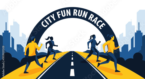 City Fun Run Race Illustration Depicting Runners In Dynamic Movement Across The City