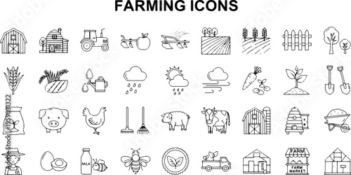 Agricultural icons on white background.