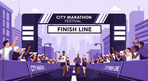 City Marathon Festival Finish Line Excitement With Cheering Crowds And Runners