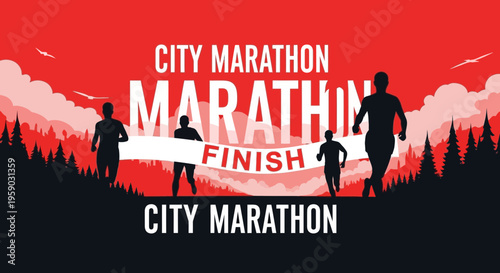 City Marathon Finish Line: A Bold Silhouette of Athletes Racing Towards Victory