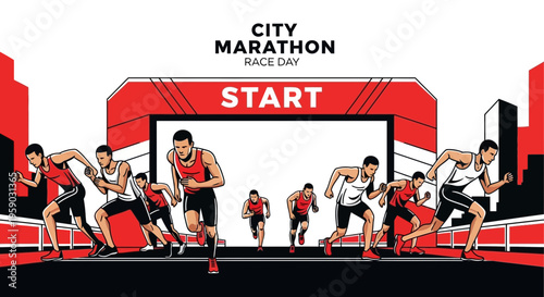 City Marathon Race Day Start Line Runners Dynamic Motion Illustration