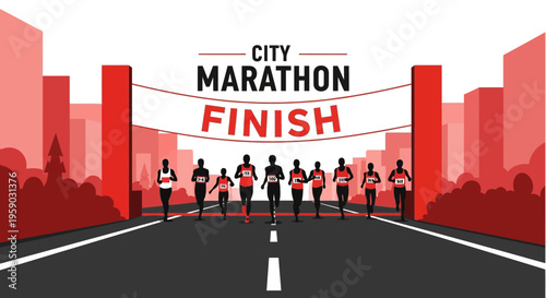 City Marathon Finish Line With Runners Approaching The Goal Vibrant Red Tones