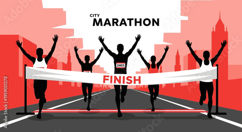 City Marathon Runners Crossing Finish Line With Arms Raised In Silhouette Style