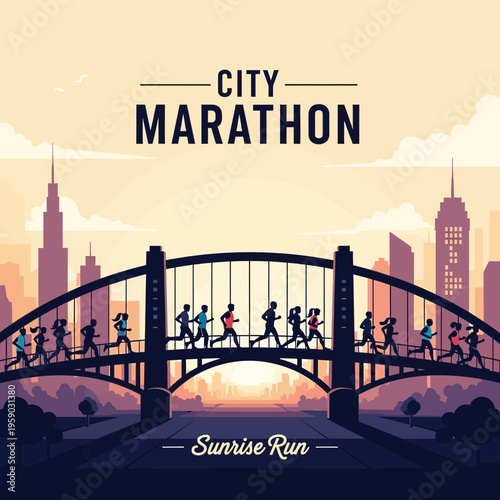 City Marathon Runners Crossing Bridge at Sunrise During a Dynamic Sporting Event