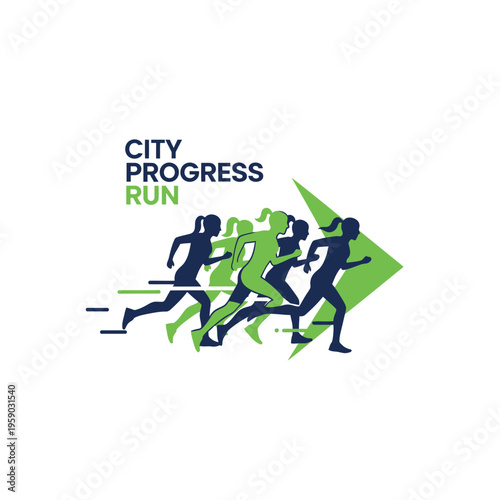City Progress Run: Dynamic Silhouette Illustration of Runners in Vibrant Sport Event Logo Design