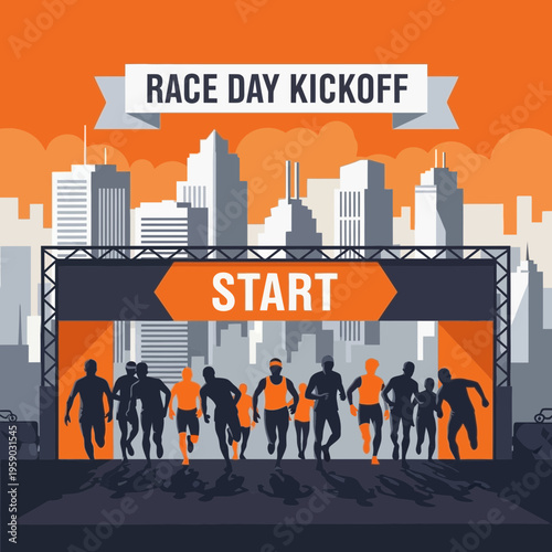 City Race Commencement: Runners Erupting at Start Line Amidst Urban Silhouette with Vivid Hues