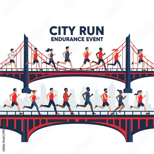 City Run Endurance Event Depicted with Runners on Bridge Structures Demonstrating Athleticism