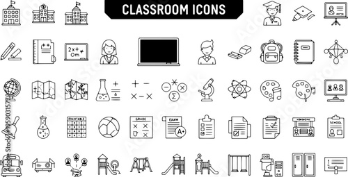 Black and white classroom icons set.