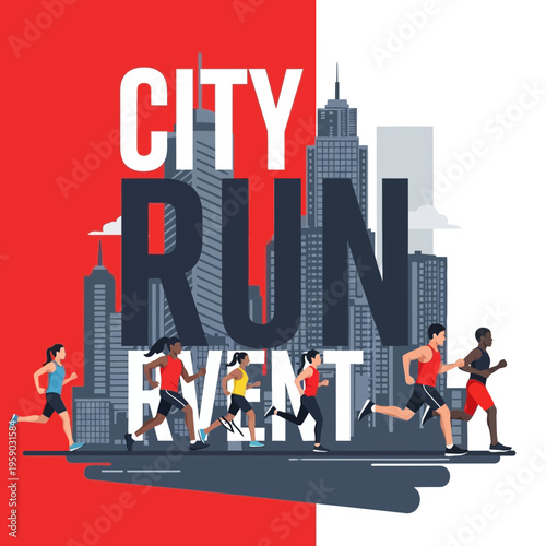 City Run Event: Dynamic Urban Marathon Featuring Diverse Runners Amidst Skyline Silhouette