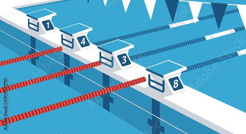Clean Isometric Swimming Pool Lanes With Starting Blocks Ready For Competition