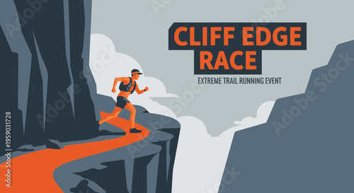 Cliff Edge Race: Illustrative Depiction Of An Extreme Trail Running Event Competition