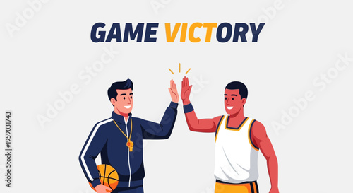 Coach And Player Celebrate Basketball Game Victory With High Five