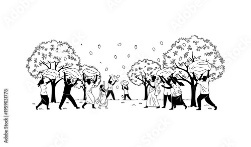 Rural mango harvesting scene with villagers collecting fruit in traditional village life black and white vector illustration