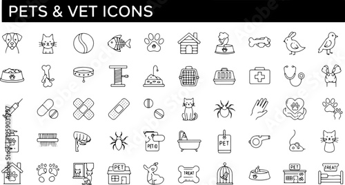 Black and white line icons of pets and veterinary care.