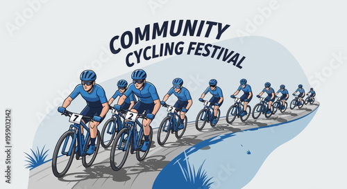 Community Cycling Festival: Group Of Cyclists Riding Bikes, Racing Sport Illustration