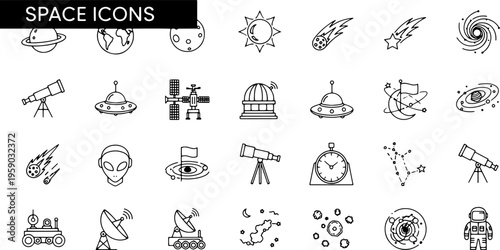 Black line icons of space objects.