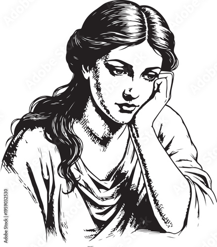 pensive woman, hand drawn simple sketch vector illustration