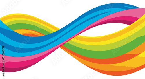 Vibrant rainbow-colored infinity symbol on a white background with colorful swirling bands.