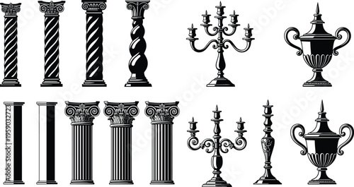 Classic Architectural Columns, Vintage Candelabras and Decorative Urns Vector Collection, Antique Interior Design Elements Silhouette Set Illustration
