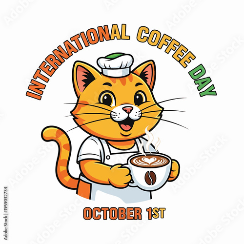 Cute Cartoon Cat Celebrating International Coffee Day October 1st.