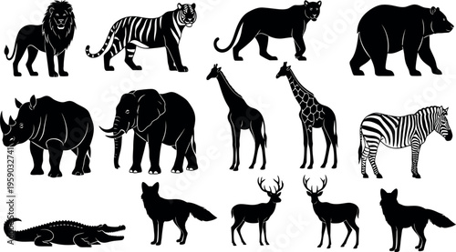 Collection of various wild animal silhouettes in black and white