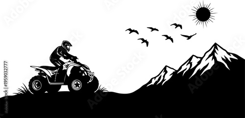 A black and white illustration of a person riding an atv through mountains