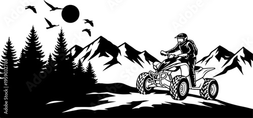 A black and white illustration of a person riding an atv through mountains