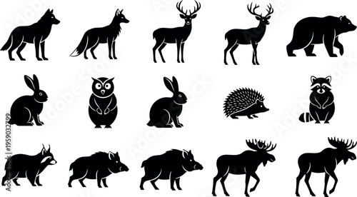 Collection of black silhouettes of various wild animals on a white background