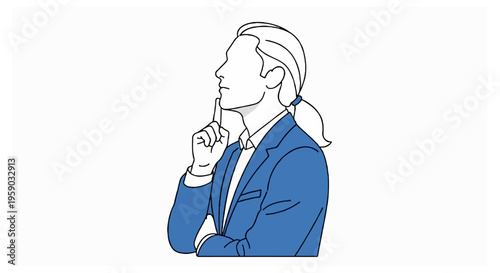 A flat vector illustration profile of a man with a ponytail wearing a blue suit with his hand on his chin in a thinking pose on a white background.
