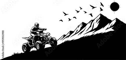 A black and white illustration of a person riding an atv through mountains