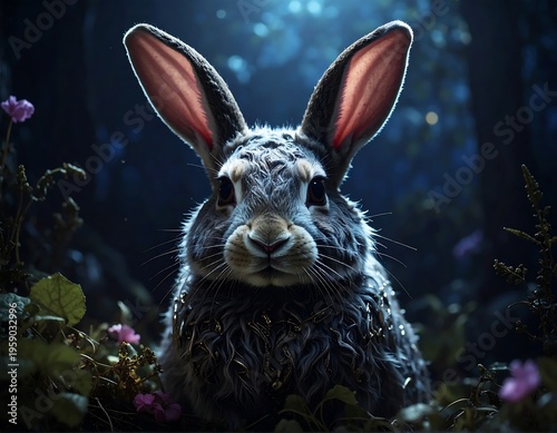 Intense Gaze - A Rabbits Stare in the Night Forest.