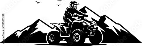 A black and white illustration of a person riding an atv through mountains