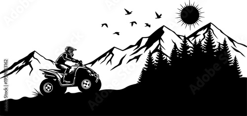 A black and white illustration of a person riding an atv through mountains