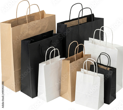 Collection of various paper shopping bags in different colors and sizes