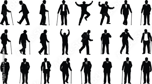 Elderly man silhouettes collection showing walking cane movement poses senior lifestyle aging activity vintage gentleman vector illustration set