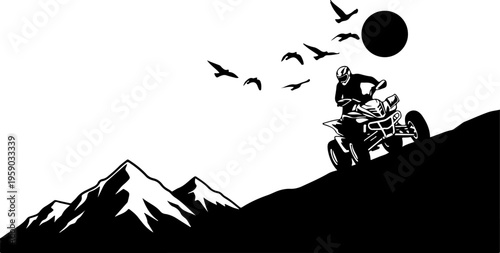 A black and white illustration of a person riding an atv through mountains