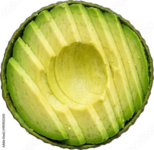 Slices of fresh ripe avocado arranged in a circle isolated