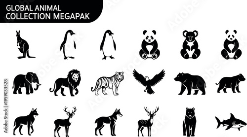 Global animal collection featuring diverse species of mammals and birds