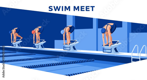 Competitive Swimmers Ready To Start Race On Starting Blocks At Pool