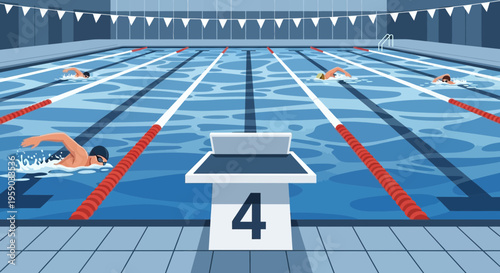 Competitive Swimmers Engage In A Vibrant Race In An Olympic-Sized Swimming Pool Illustration