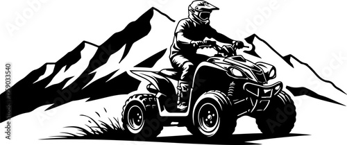 A black and white illustration of a person riding an atv through mountains