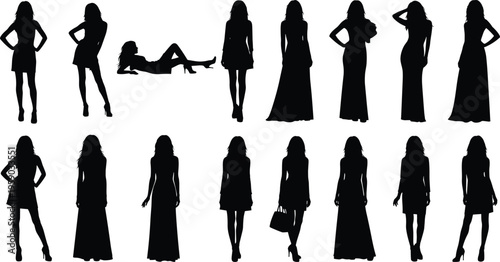 Elegant women silhouette collection fashion model poses standing walking reclining female figures stylish dress vector illustration set